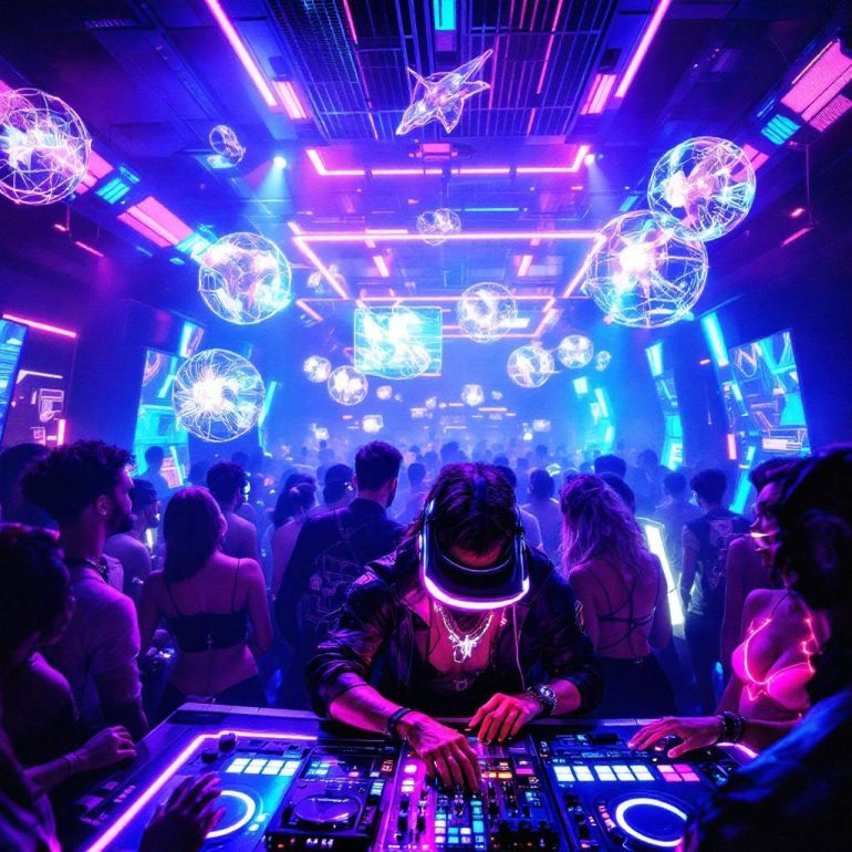 A DJ in a neon club at the decks