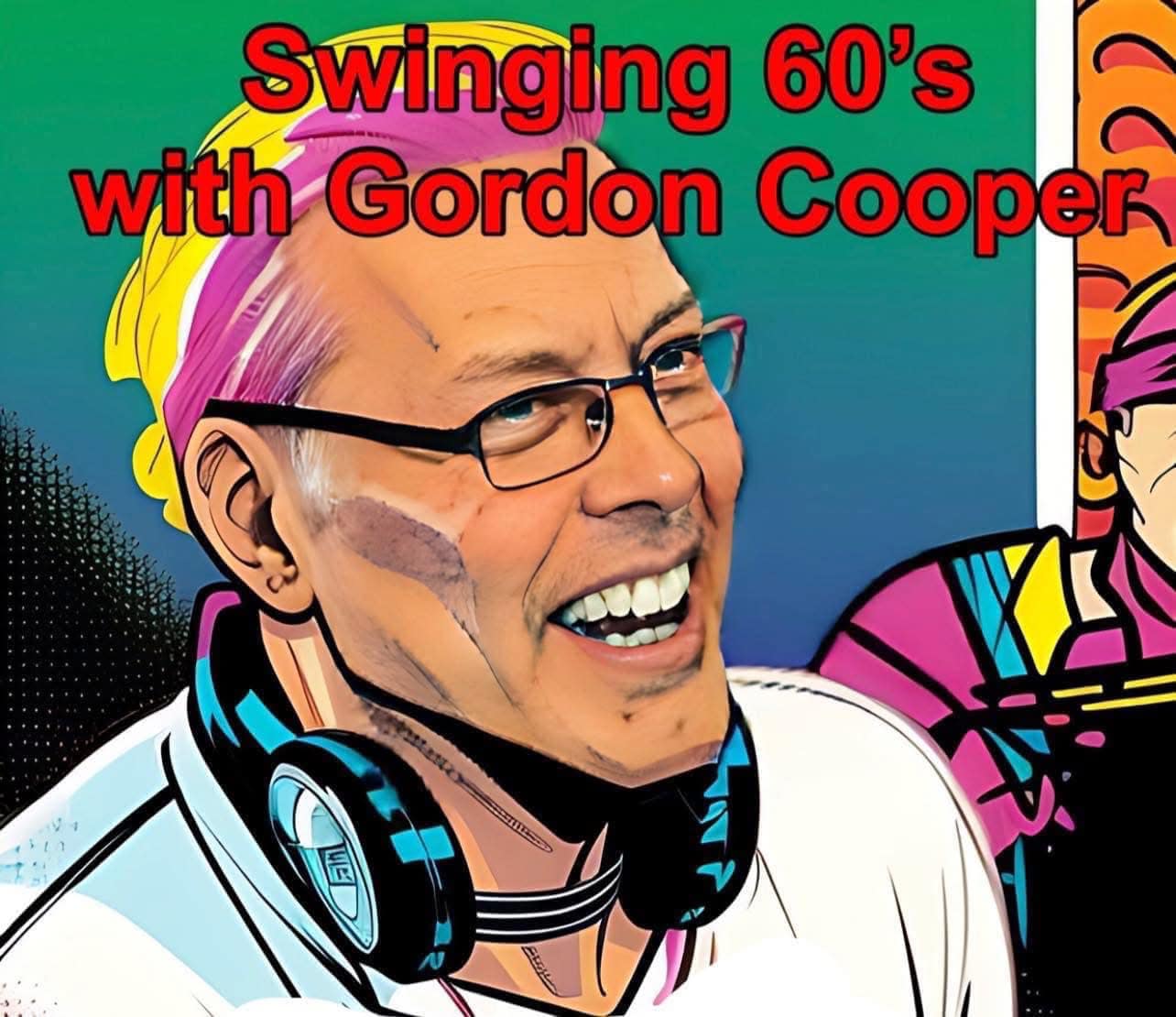 A cartoonised Gordon Cooper is smiling. He has headphones around his neck, and wearing glasses