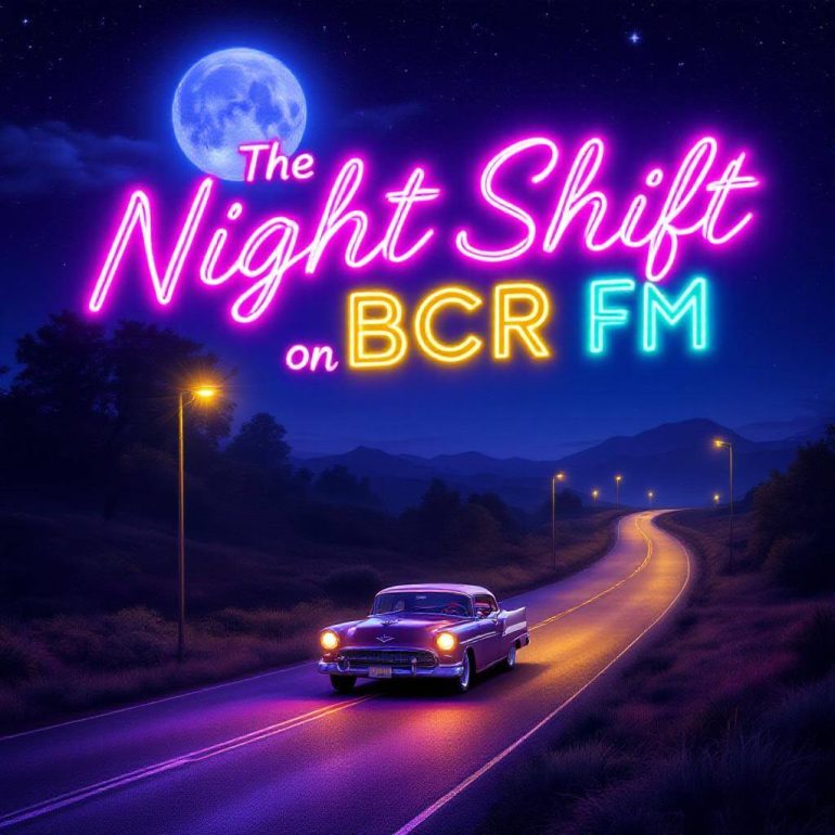 A car drives down a winding road on a moonlit night. The moon is full and the view is hazy with street lights. Neon lit writing says "The Night Shift on BCR fm"